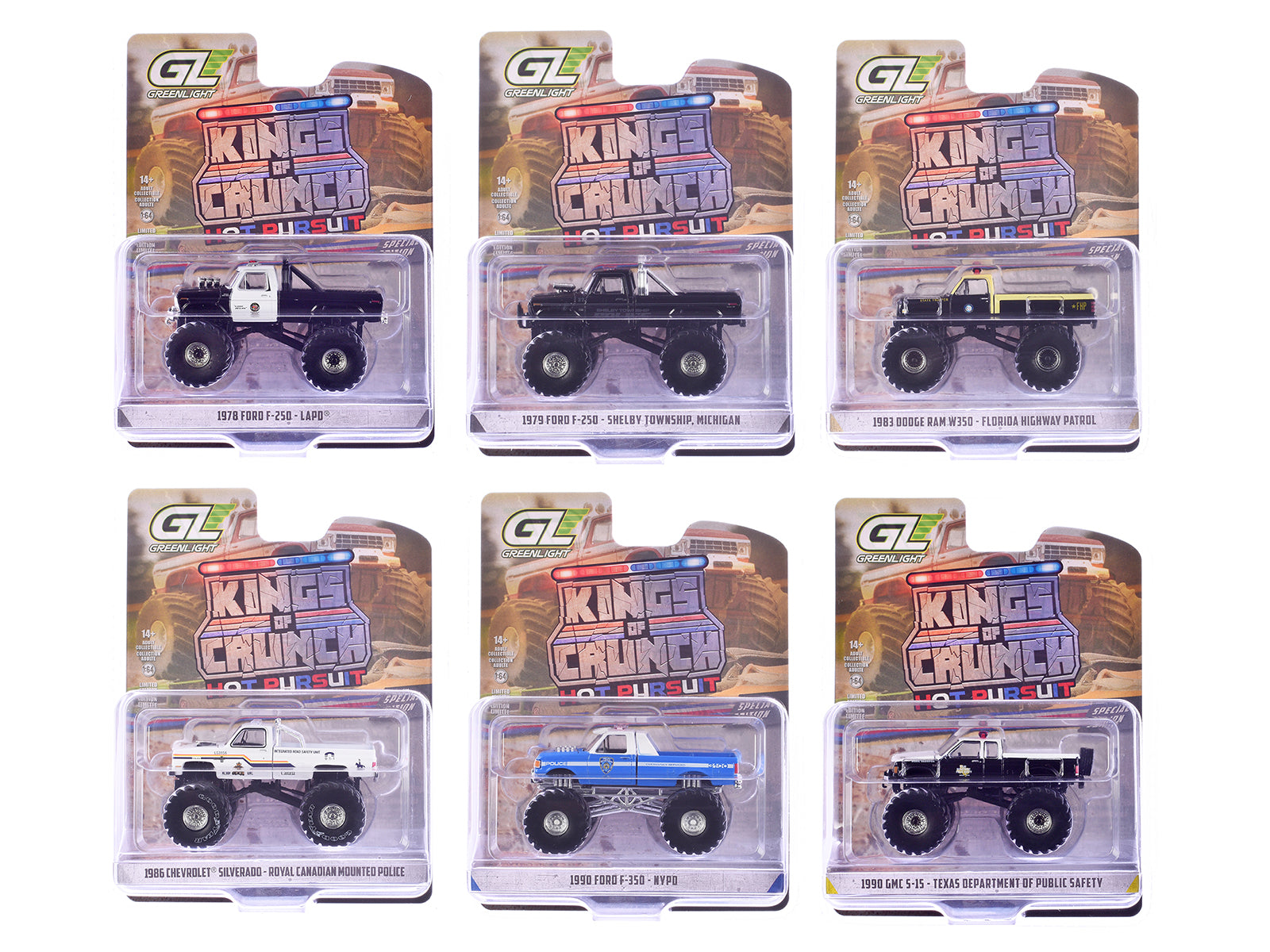 "Kings of Crunch - Hot Pursuit" Special Edition Set of 6 Monster Trucks 1/64 Diecast Model Cars by Greenlight
