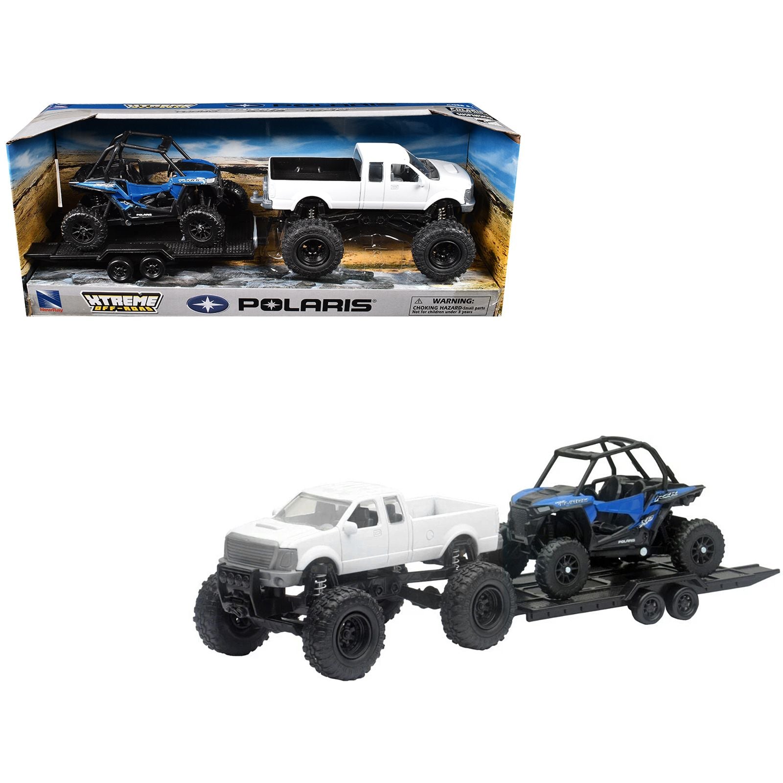 Lifted Pickup Truck White and Polaris RZR XP Turbo Blue with Flatbed Trailer "Xtreme Off-Road" Series Diecast Model by New Ray