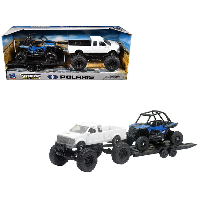 Lifted Pickup Truck White and Polaris RZR XP Turbo Blue with Flatbed Trailer "Xtreme Off-Road" Series Diecast Model by New Ray