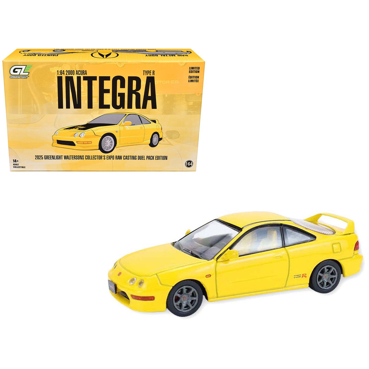 2000 Acura Integra Type R Yellow with Raw Casting Dual Pack "2025 Greenlight Waltersons Collector's Expo Exclusive" 1/64 Diecast Model Car by Greenlight