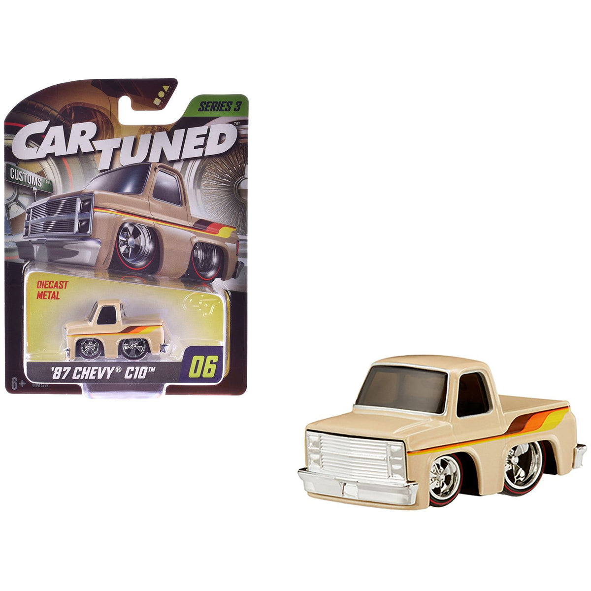 1987 Chevrolet C10 Pickup Truck Beige with Stripes "Customs" Series 3 Diecast Model Car by CarTuned