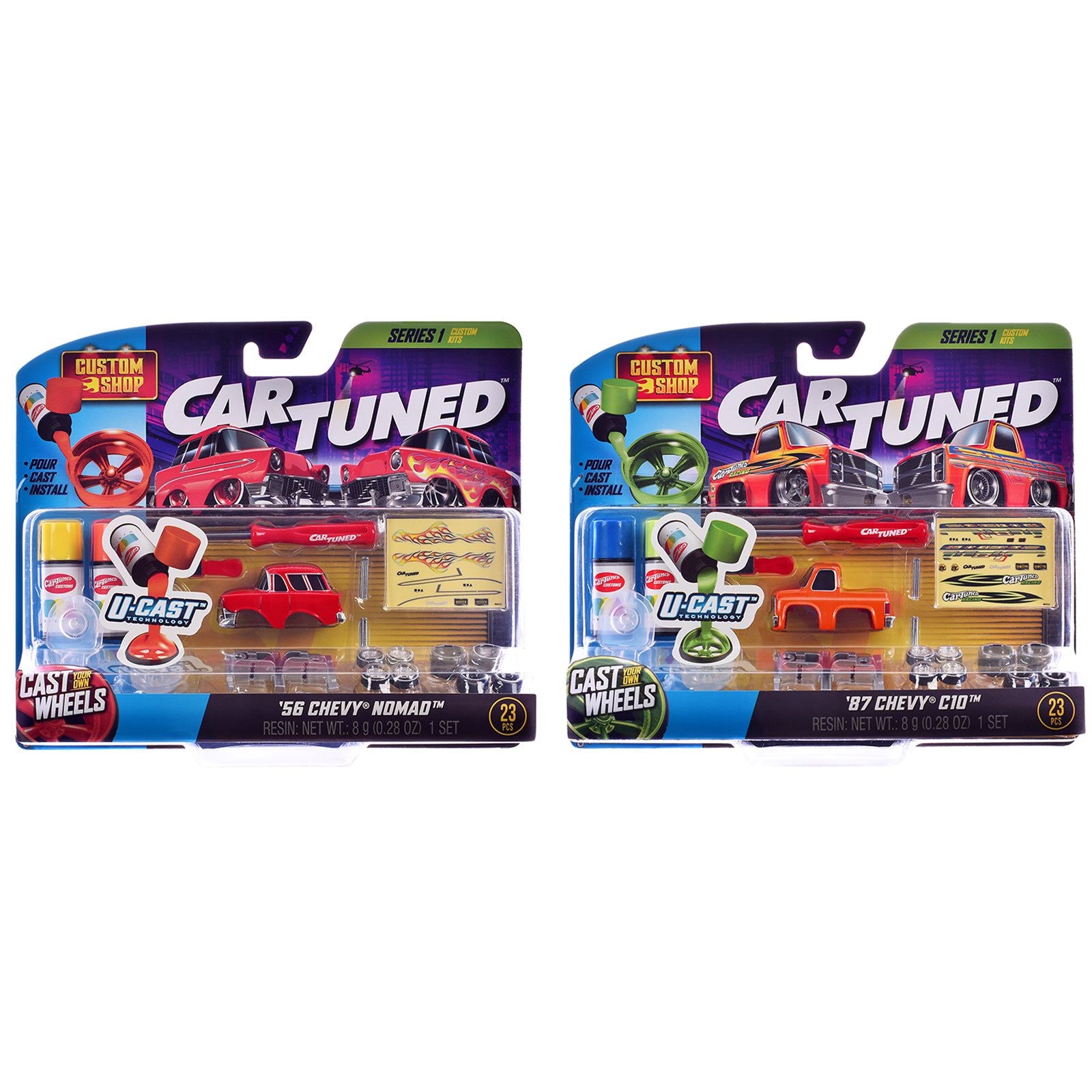 1987 Chevrolet C10 Pickup Truck Orange and 1956 Chevrolet Nomad Red "Custom Shop" 2 Car Set Diecast Model Cars by CarTuned