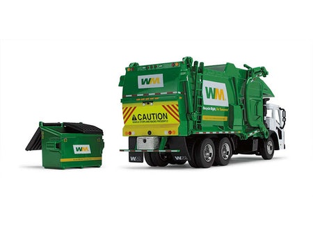 Mack LR Garbage Truck with McNeilus Meridian Front Load Refuse Body White and Green with Refuse Bin "Waste Management" 1/64 Diecast Model by First Gear