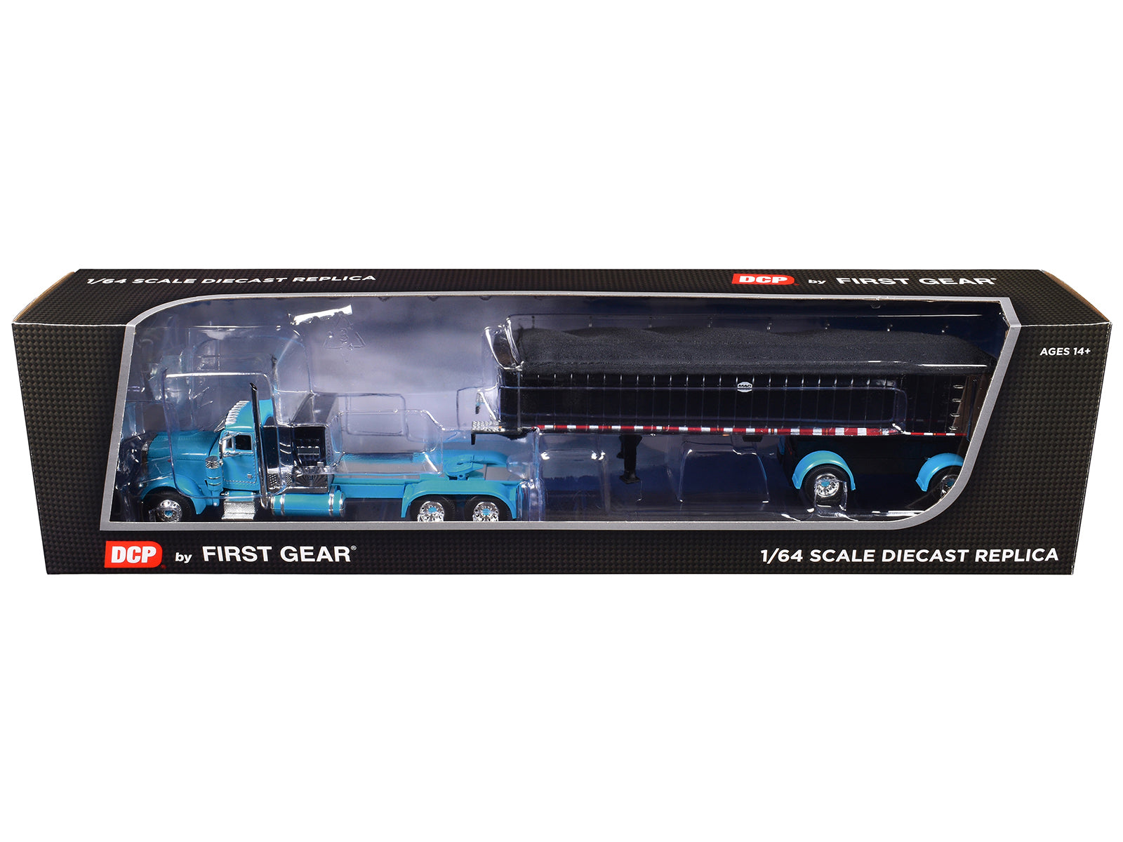 Peterbilt 379 with 60" Vintage Sleeper and MAC Coal End Dump Trailer Cyan Blue and Chrome 1/64 Diecast Model by DCP/First Gear