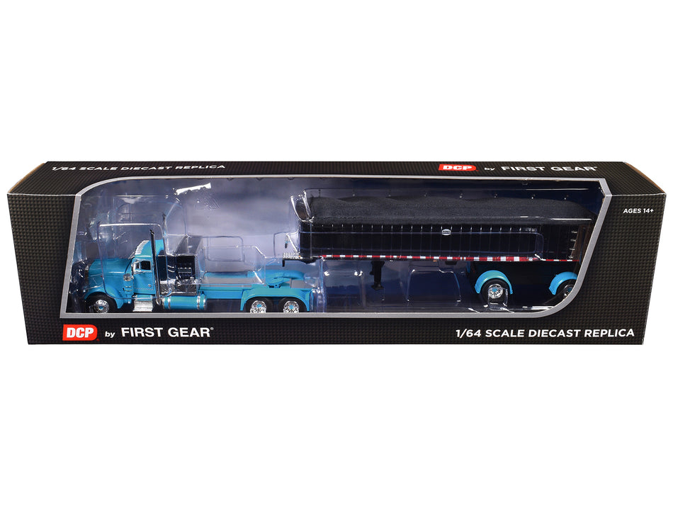 Peterbilt 379 with 60" Vintage Sleeper and MAC Coal End Dump Trailer Cyan Blue and Chrome 1/64 Diecast Model by DCP/First Gear