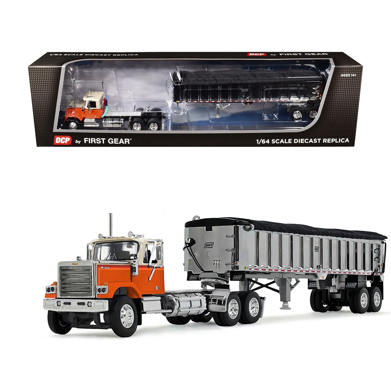 Chevrolet Bison Day Cab with East End Dump Trailer Orange and Beige 1/64 Diecast Model by DCP/First Gear