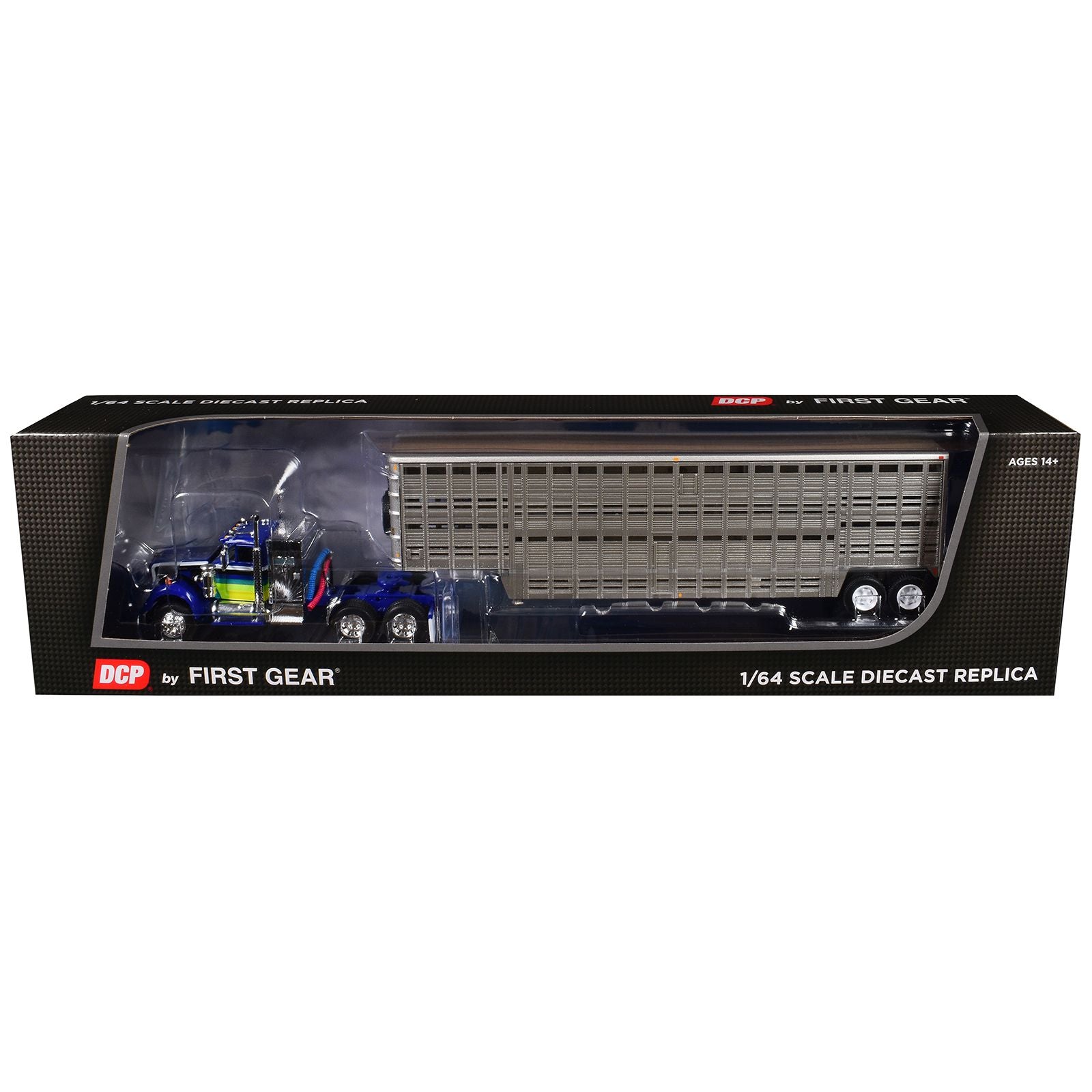 White Western Star 4900 with 36" Vintage Flat Top Sleeper and Wilson 45' Vintage Livestock Trailer Blue with Stripes 1/64 Diecast Model by DCP/First Gear