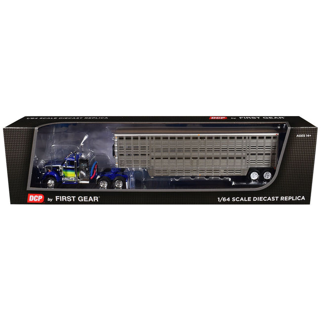 White Western Star 4900 with 36" Vintage Flat Top Sleeper and Wilson 45' Vintage Livestock Trailer Blue with Stripes 1/64 Diecast Model by DCP/First Gear