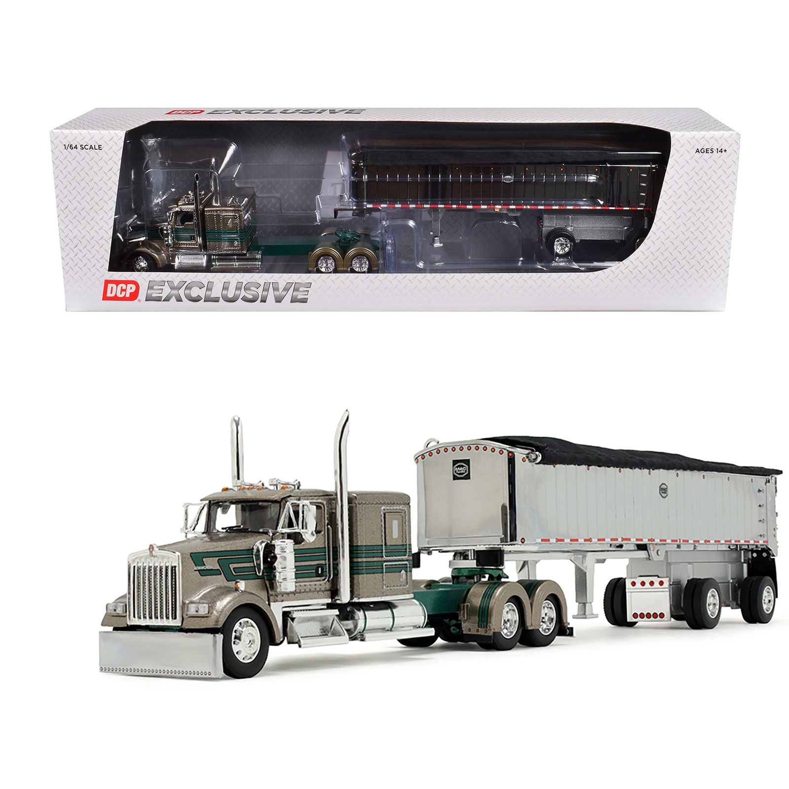 Kenworth W900L with 60" Flat Top Sleeper and MAC Coal End Dump Trailer "D&D Hauling & Excavating" Tan Metallic with Green Stripes 1/64 Diecast Model by DCP/First Gear