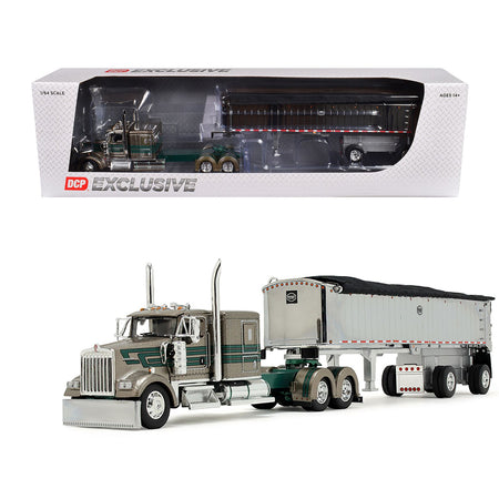Kenworth W900L with 60" Flat Top Sleeper and MAC Coal End Dump Trailer "D&D Hauling & Excavating" Tan Metallic with Green Stripes 1/64 Diecast Model by DCP/First Gear