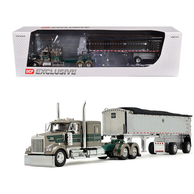Kenworth W900L with 60" Flat Top Sleeper and MAC Coal End Dump Trailer "D&D Hauling & Excavating" Tan Metallic with Green Stripes 1/64 Diecast Model by DCP/First Gear
