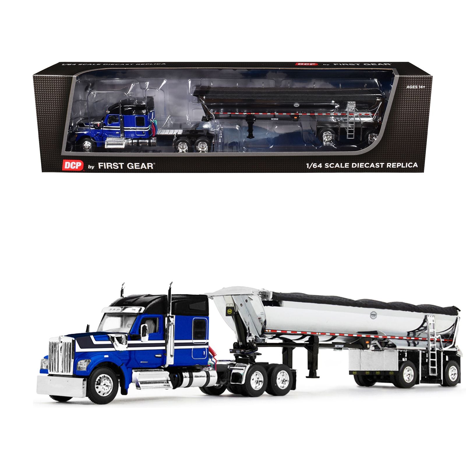 Kenworth W990 76" Mid-Roof Sleeper and MAC Half Round End Dump Trailer Blue and Black 1/64 Diecast Model by DCP/First Gear