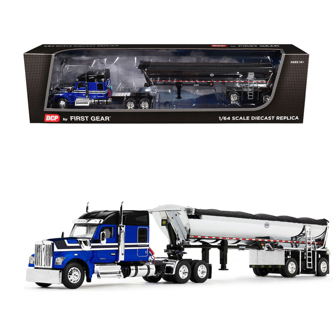 Kenworth W990 76" Mid-Roof Sleeper and MAC Half Round End Dump Trailer Blue and Black 1/64 Diecast Model by DCP/First Gear