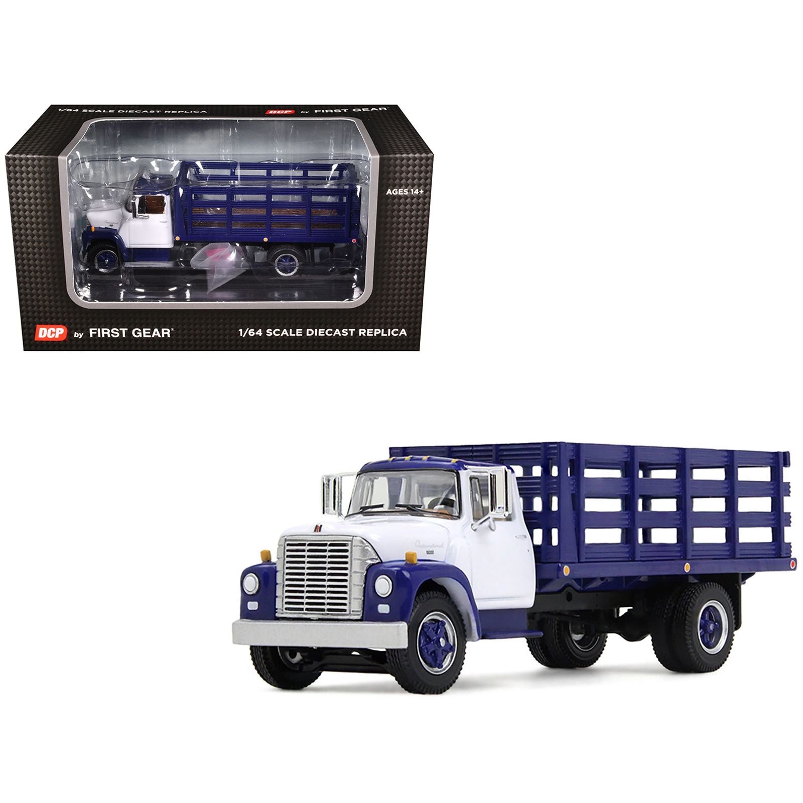 1970s International Loadstar Stake Truck White and Navy Blue 1/64 Diecast Model by DCP/First Gear