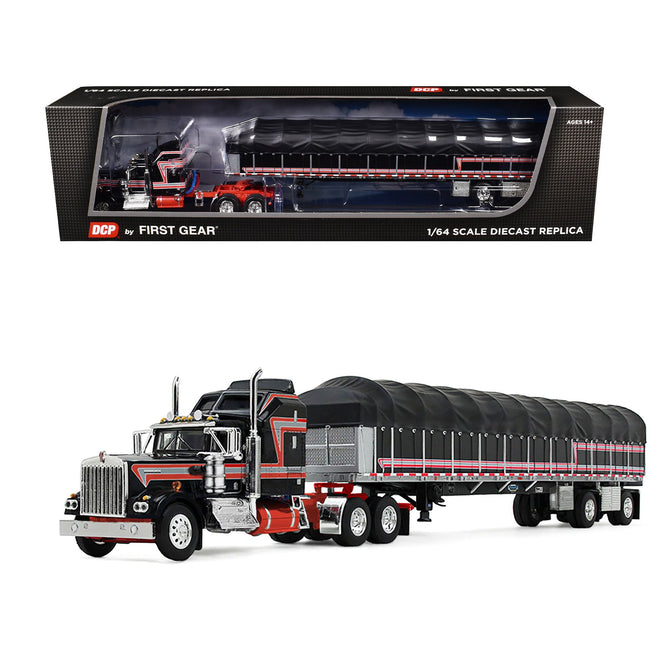 Peterbilt 389 with 63" Flat Top Sleeper and 53’ Wilson Roadbrute Flatbed Trailer with Covered Wagon Maroon with White Stripes 1/64 Diecast Model by DCP/First Gear