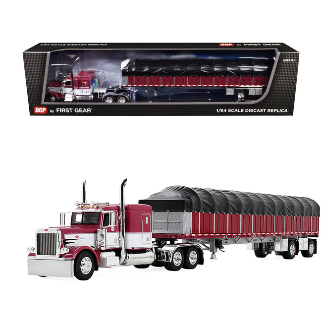 Peterbilt 352 COE 110" Sleeper and 53’ Wilson Roadbrute Flatbed Trailer with Covered Wagon White with Blue Stripes 1/64 Diecast Model by DCP/First Gear