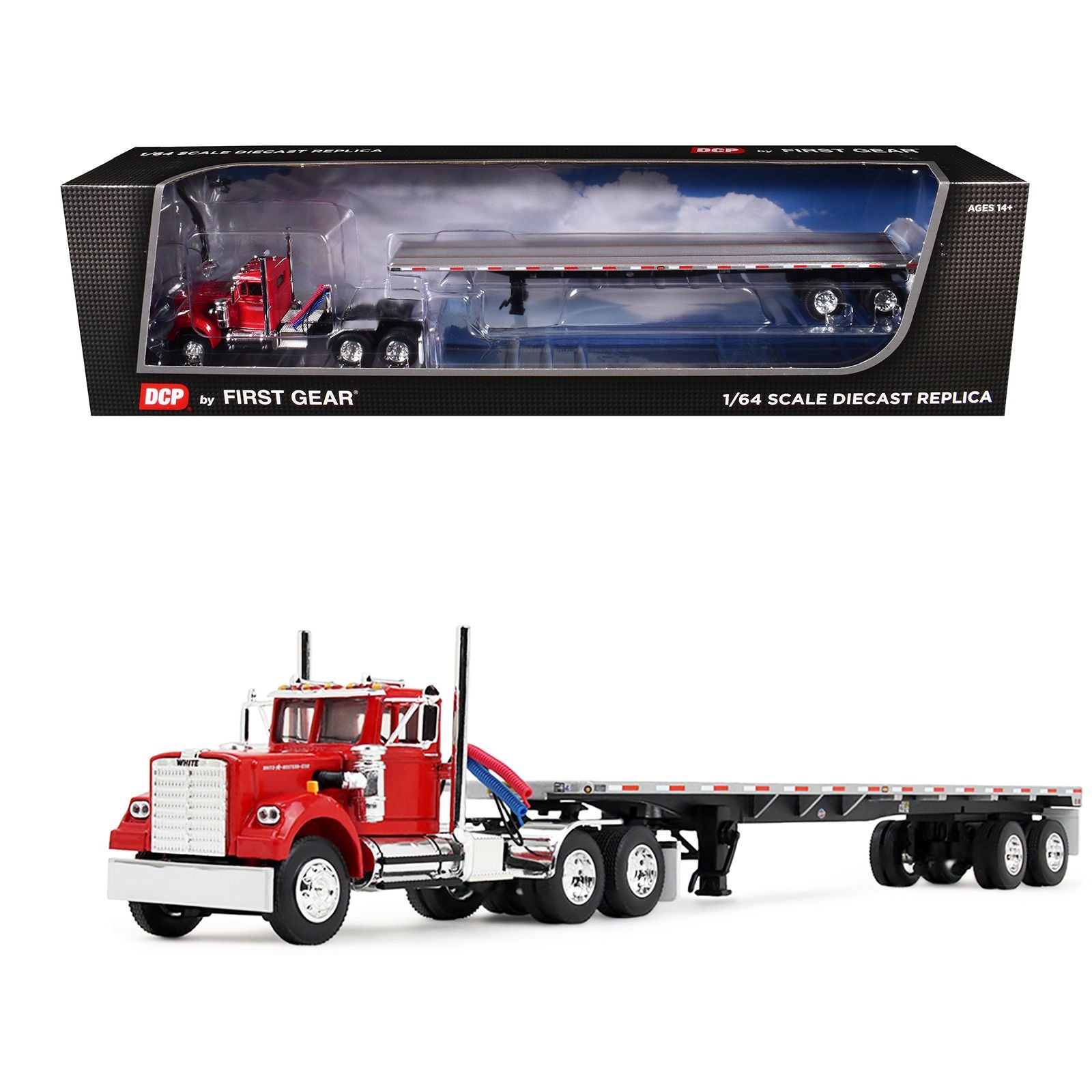 White Western Star 4900 Day Cab with 48’ Utility Flatbed Trailer Viper Red 1/64 Diecast Model by DCP/First Gear