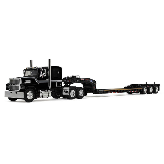 Ford LTL 9000 with 60" Flat Top Sleeper and Fontaine Magnitude Tri-Axle Lowboy Trailer Black 1/64 Diecast Model by DCP/First Gear