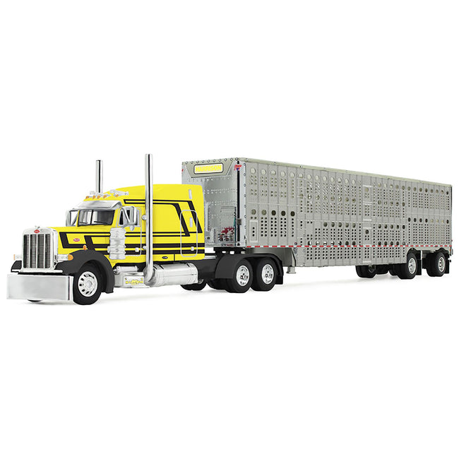 Yellow semi-truck pulling a livestock trailer.