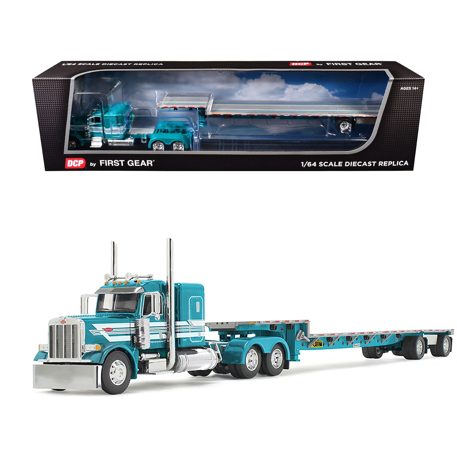 Peterbilt 379 with 48" Flat Top Sleeper and Transcraft Step Deck Trailer Teal with White Stripes 1/64 Diecast Model by DCP/First Gear