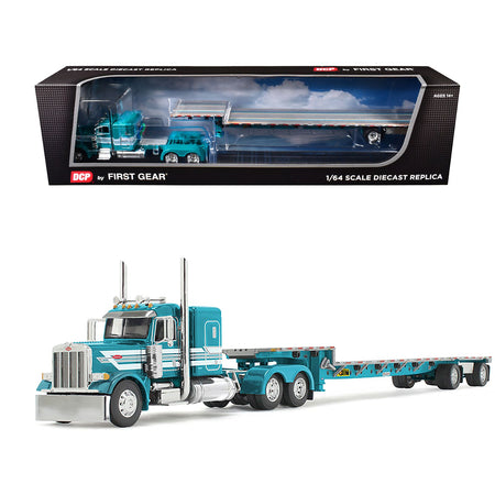 Peterbilt 379 with 48" Flat Top Sleeper and Transcraft Step Deck Trailer Teal with White Stripes 1/64 Diecast Model by DCP/First Gear