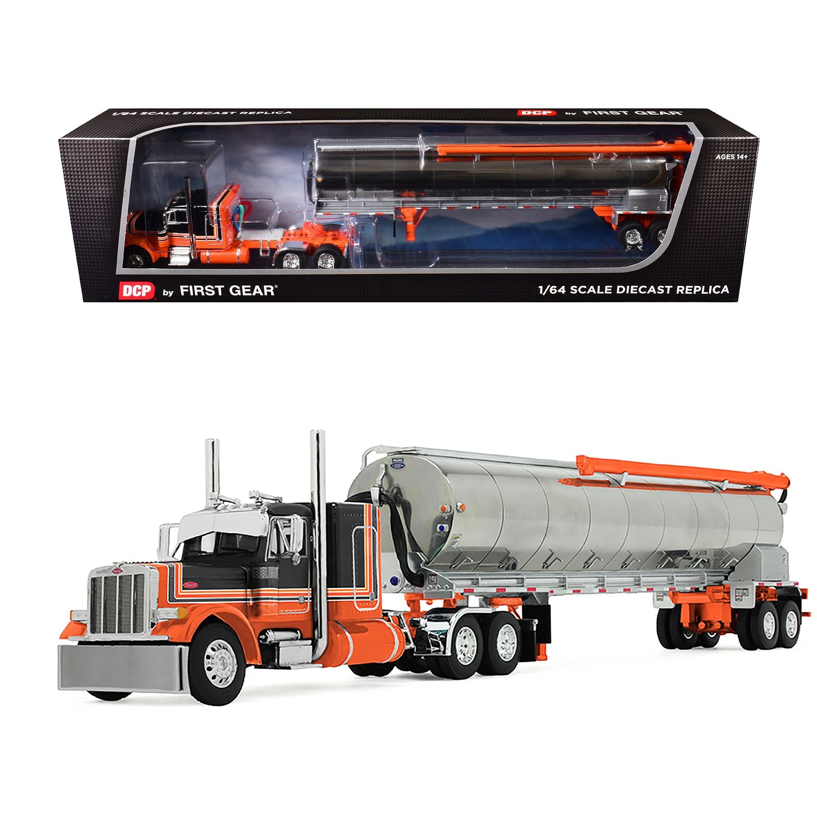 Peterbilt 379 with 48" Flat Top Sleeper and Walinga Bulk Feed Trailer Orange and Black with Stripes 1/64 Diecast Model by DCP/First Gear