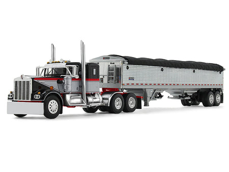Kenworth W900A with 36" Sleeper and 43' Wilson Pacesetter Grain Trailer Black and Gray with Viper Red Stripes 1/64 Diecast Model by DCP/First Gear