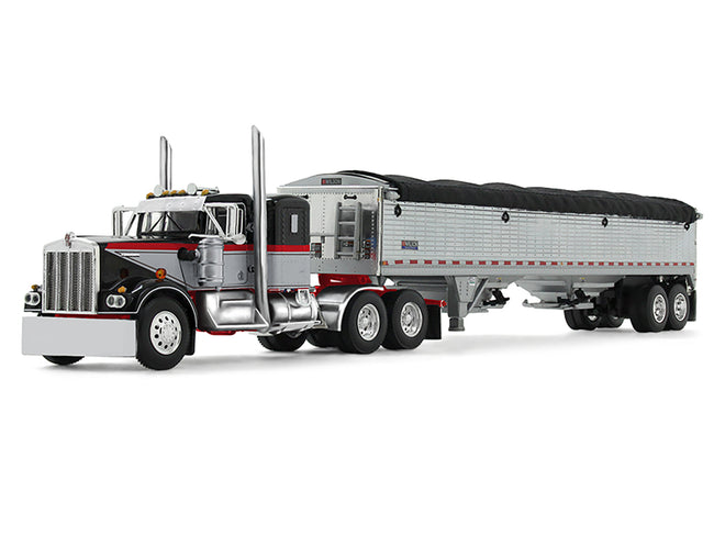 Kenworth W900A with 36" Sleeper and 43' Wilson Pacesetter Grain Trailer Black and Gray with Viper Red Stripes 1/64 Diecast Model by DCP/First Gear