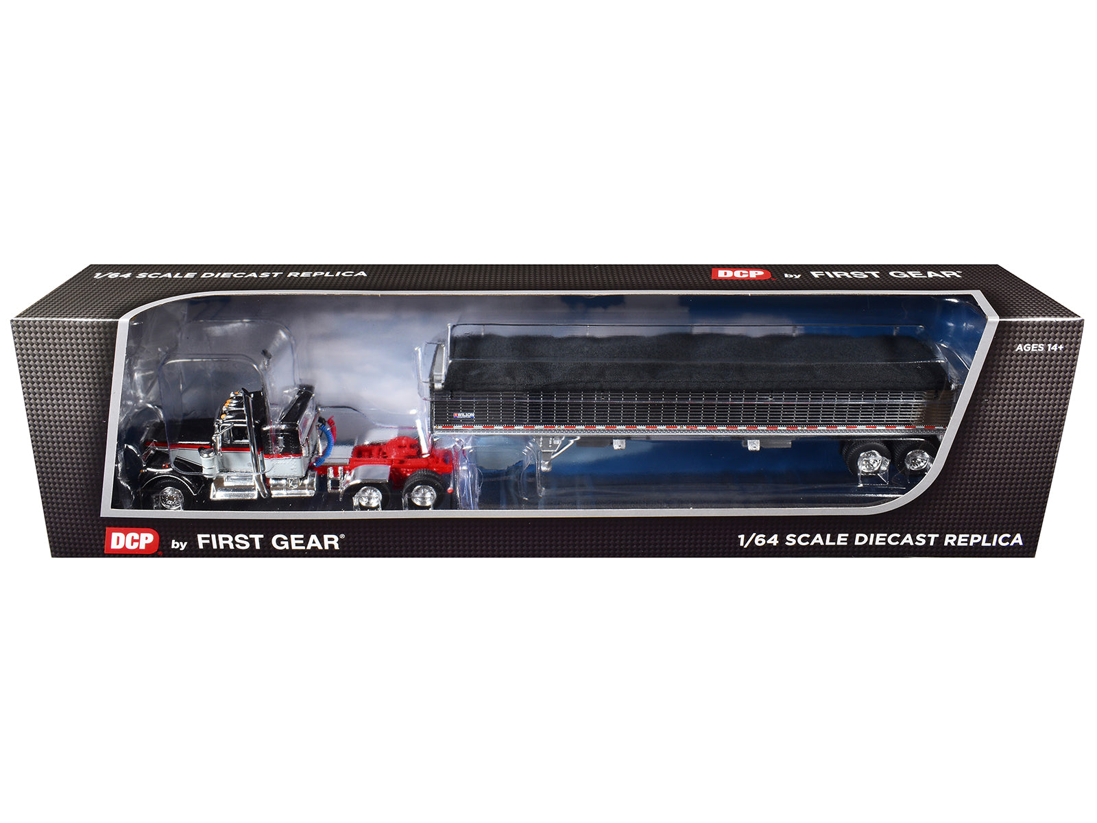 Kenworth W900A with 36" Sleeper and 43' Wilson Pacesetter Grain Trailer Black and Gray with Viper Red Stripes 1/64 Diecast Model by DCP/First Gear