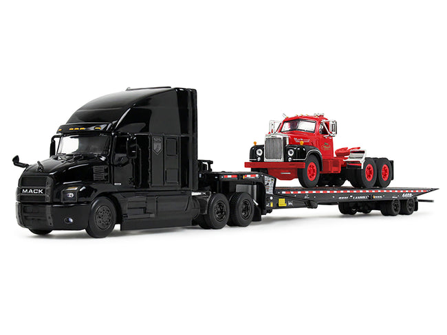 Mack Anthem Sleeper and Landoll 440B-50CA Traveling Axle Trailer Black with Mack B-61 Day Cab Load Red "Mack Anniversary" 1/64 Diecast Model by DCP/First Gear