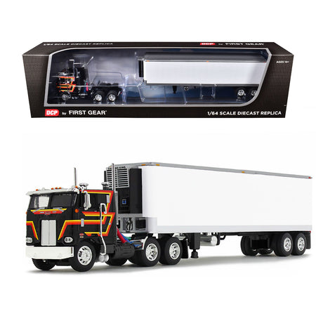 Peterbilt 352 COE 86" Sleeper and 40' Vintage Trailer with Reefer Black with Stripes 1/64 Diecast Model by DCP/First Gear