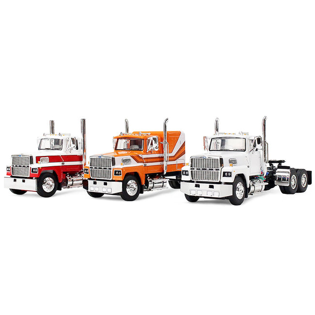 Ford LTL 9000 Trio Set (Two Day Cabs and One 60" Flat Top Sleeper) 1/64 Diecast Model by DCP/First Gear