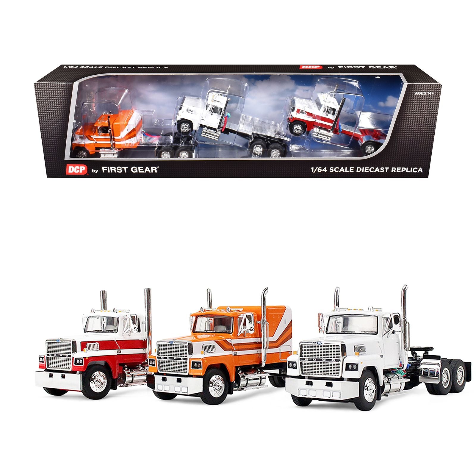 Ford LTL 9000 Trio Set (Two Day Cabs and One 60" Flat Top Sleeper) 1/64 Diecast Model by DCP/First Gear