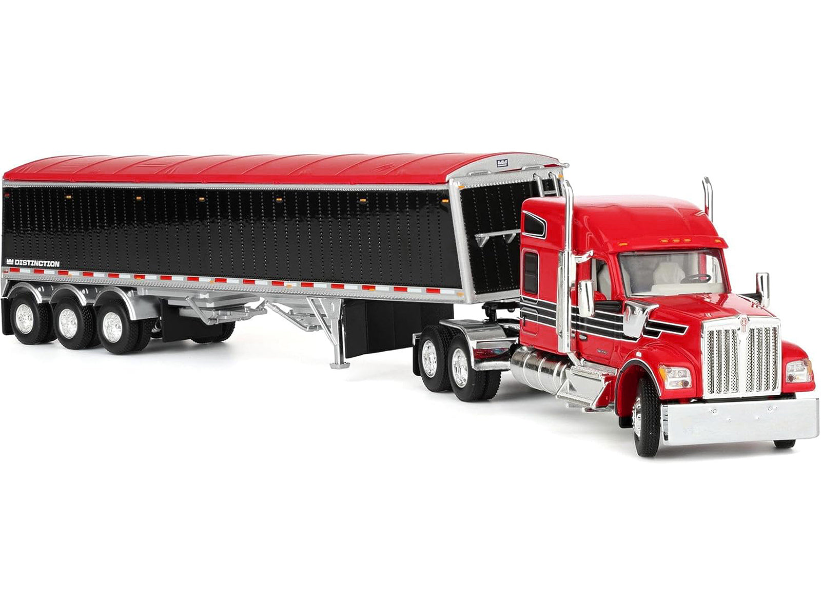 Red semi-truck with black trailer.