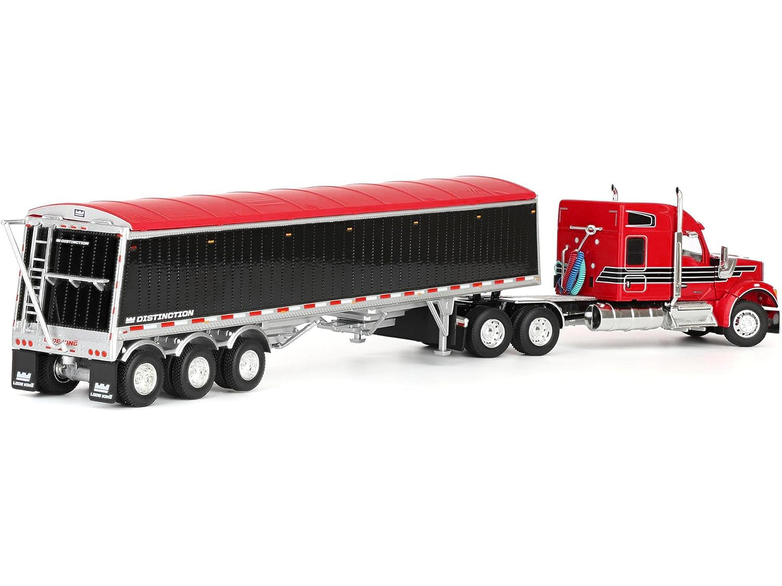 Red semi-truck and black trailer on a white background.