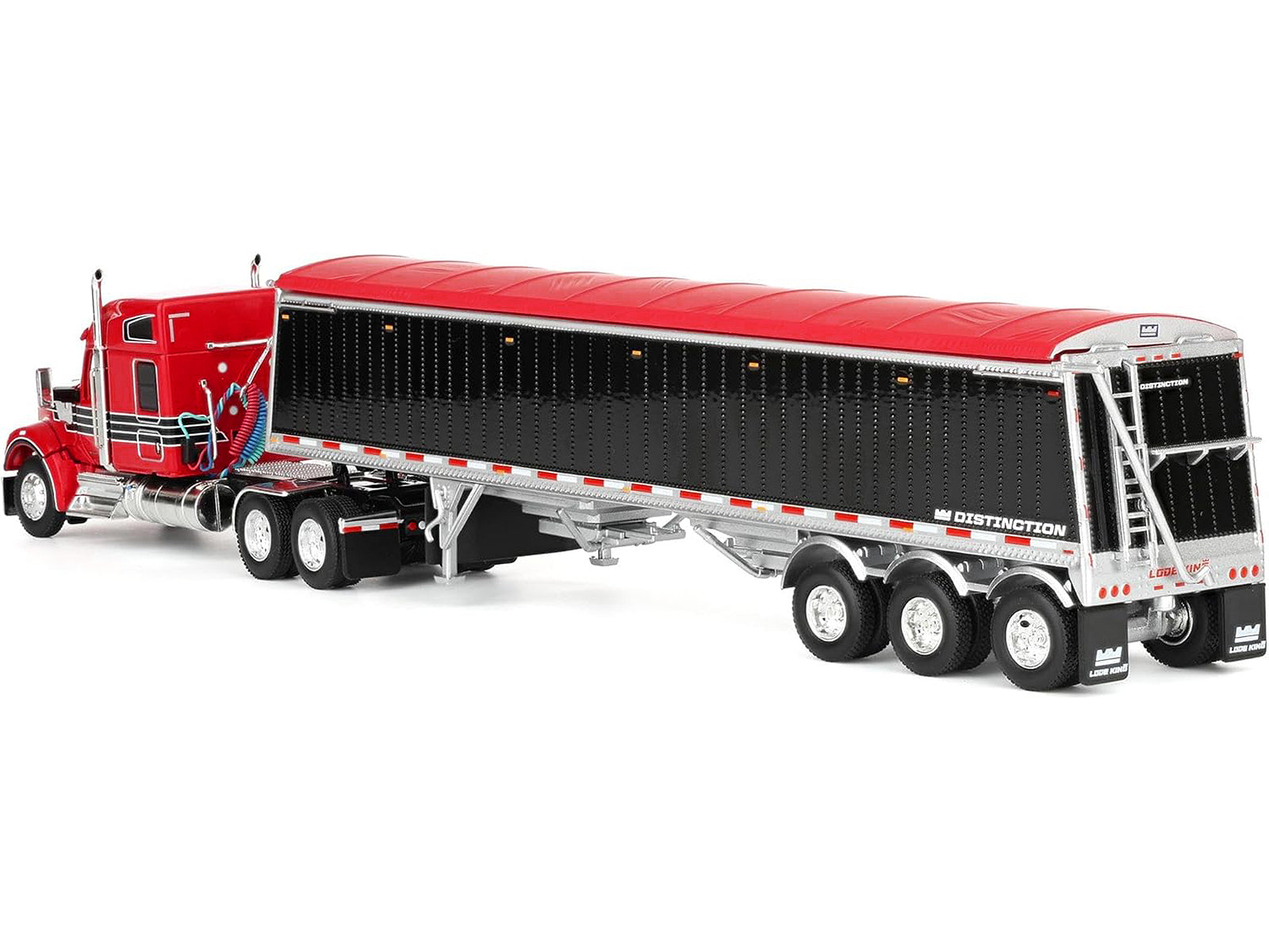 Red semi-truck pulling a livestock trailer.