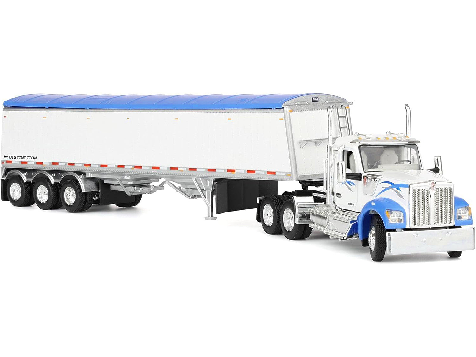Model semi-truck with white trailer and blue accents.