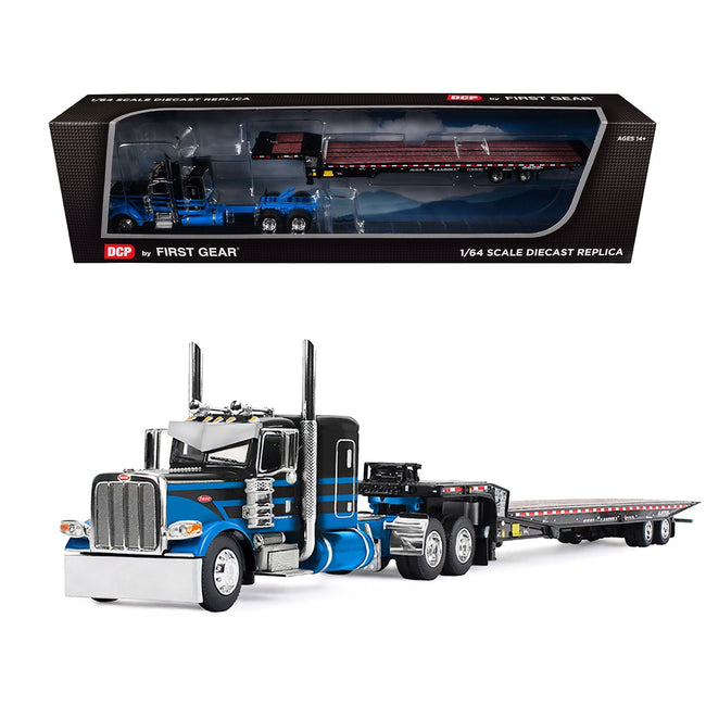 Peterbilt 389 with 48" Flat Top Sleeper and Landoll 440B-50CA Traveling Axle Trailer Black with Blue Stripes 1/64 Diecast Model by DCP/First Gear