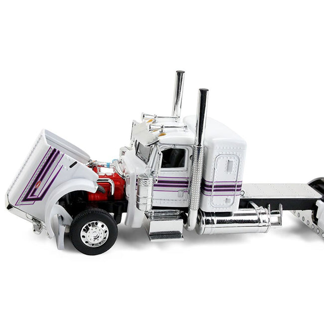 Peterbilt 389 with 36" Flat Top Sleeper and Fontaine Magnitude Lowboy Trailer White with Black Stripes 1/64 Diecast Model by DCP/First Gear