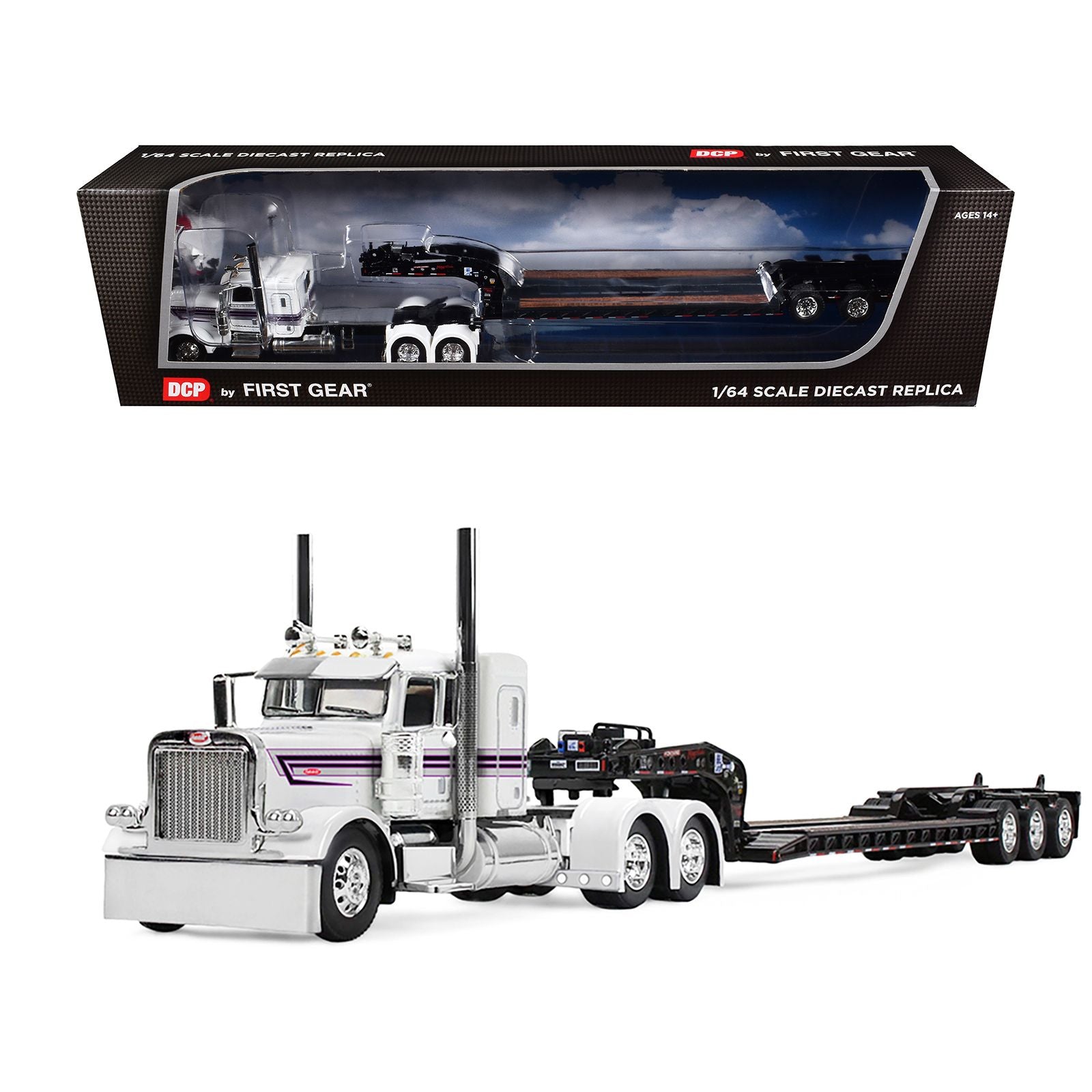 Peterbilt 389 with 36" Flat Top Sleeper and Fontaine Magnitude Lowboy Trailer White with Black Stripes 1/64 Diecast Model by DCP/First Gear