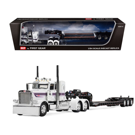 Peterbilt 389 with 36" Flat Top Sleeper and Fontaine Magnitude Lowboy Trailer White with Black Stripes 1/64 Diecast Model by DCP/First Gear