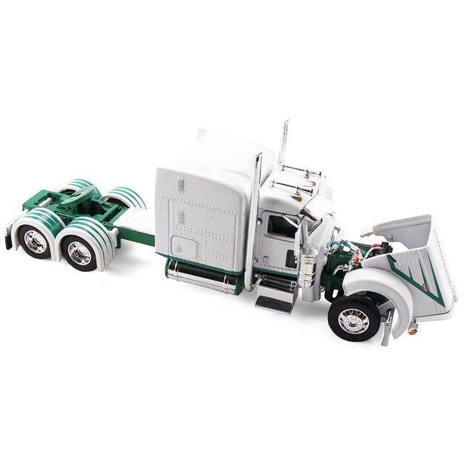 Peterbilt 389 with 63" Mid-Roof Sleeper and 53' Utility Trailer White with Green Stripes 1/64 Diecast Model by DCP/First Gear