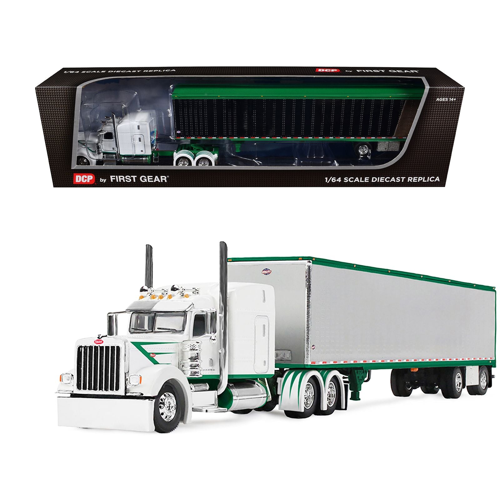 Peterbilt 389 with 63" Mid-Roof Sleeper and 53' Utility Trailer White with Green Stripes 1/64 Diecast Model by DCP/First Gear