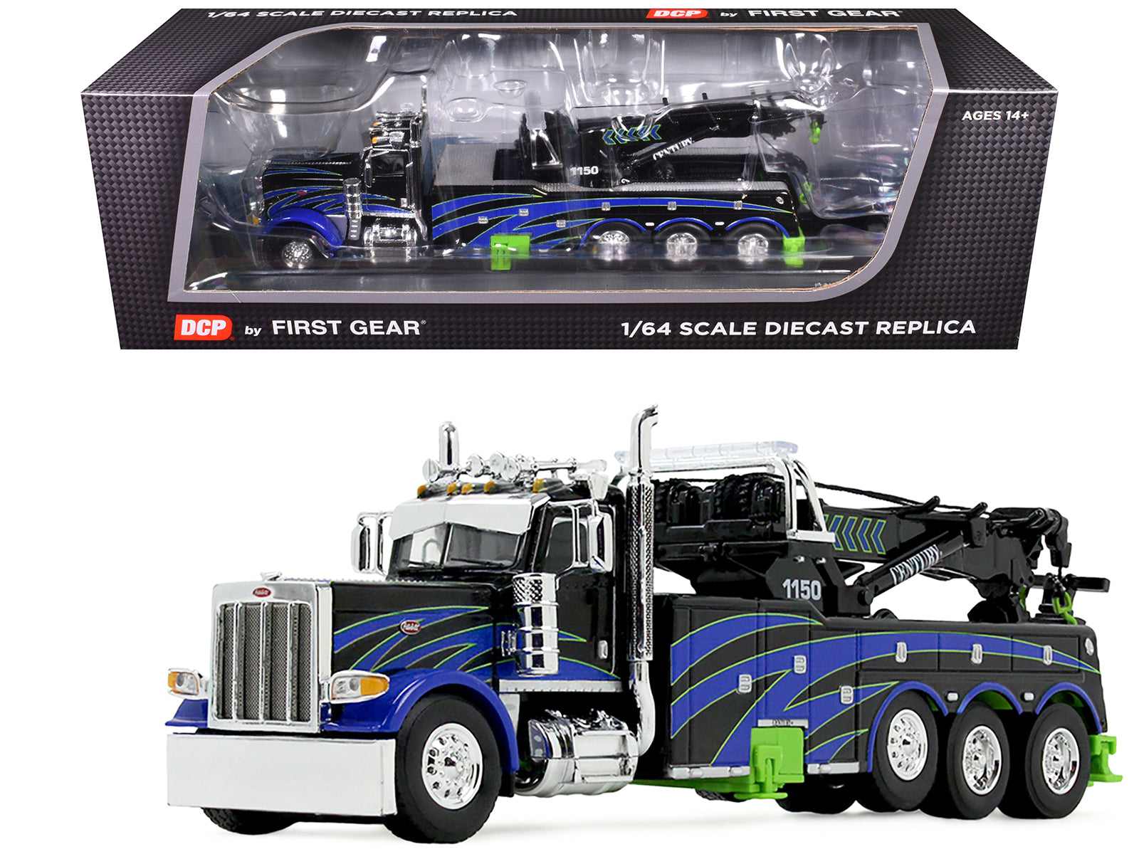 Peterbilt 389 Day Cab with Miller Century 1150 Rotator Wrecker Tow Truck Black with Blue and Green Graphics 1/64 Diecast Model by DCP/First Gear