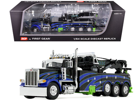 Peterbilt 389 Day Cab with Miller Century 1150 Rotator Wrecker Tow Truck Black with Blue and Green Graphics 1/64 Diecast Model by DCP/First Gear