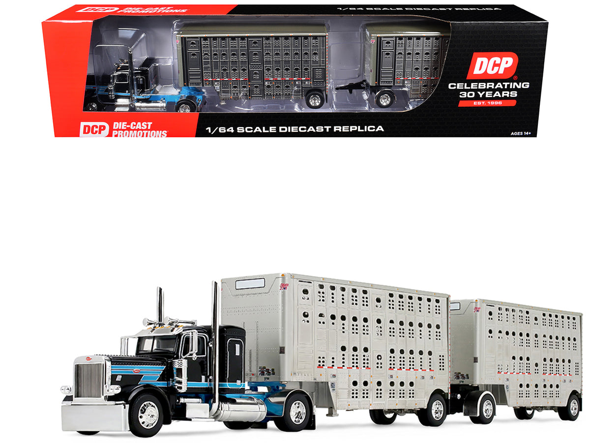 Peterbilt 389 with 36" Flat Top Sleeper and 28' Wilson Silverstar Double Livestock Trailers Black with Cyan Stripes 1/64 Diecast Model by First Gear