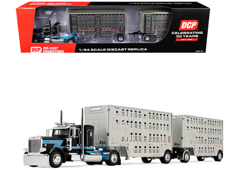 Peterbilt 389 with 36" Flat Top Sleeper and 28' Wilson Silverstar Double Livestock Trailers Black with Cyan Stripes 1/64 Diecast Model by First Gear