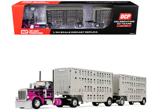 Peterbilt 389 Day Cab and 28' Wilson Silverstar Double Livestock Trailers Black with Magenta Stripes 1/64 Diecast Model by First Gear