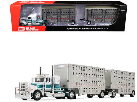 Peterbilt 389 with 36" Flat Top Sleeper and 28' Wilson Silverstar Double Livestock Trailers White with Dark Teal Stripes 1/64 Diecast Model by First Gear