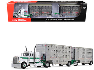 Peterbilt 389 with 36" Flat Top Sleeper and 28' Wilson Silverstar Double Livestock Trailers White with Green Stripes 1/64 Diecast Model by First Gear